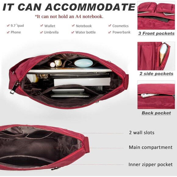 Women Red-m Nylon Water Resistant Anti Theft Travel Crossbody Shoulder Bag - Picture 4 of 7